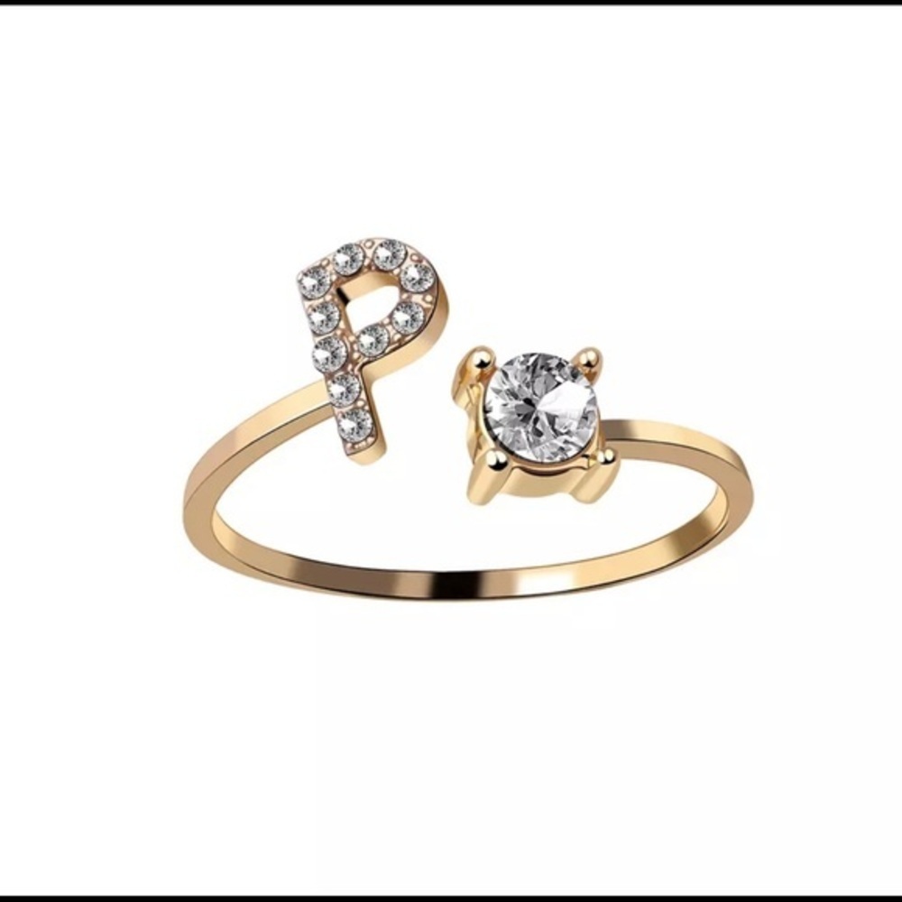 Gold Plated Adjustable P Rhinestone Ring